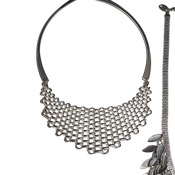 Silver-tone scale mail chain mail feather bib necklace bundle - Picture 6 of 12